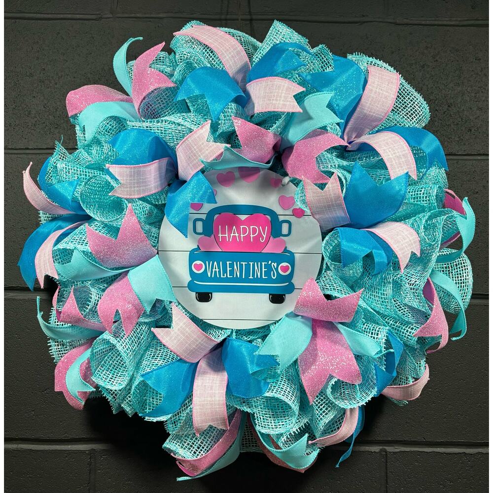 Valentines Day Wreath, Pink & Blue, Handmade Front Door Wreath 24 Inch